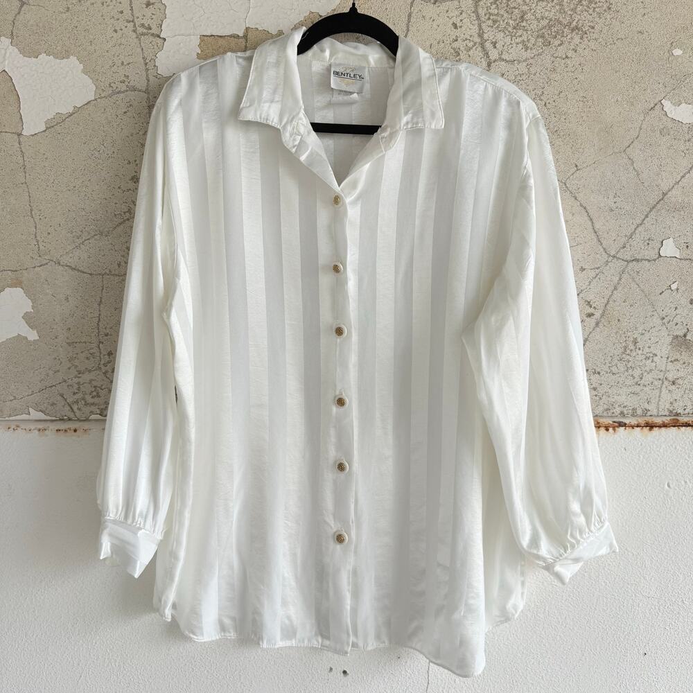 Vtg 80s Striped Button Down Shirt Ivory Blouse Minimalist Womens XL TR‎ Bentley